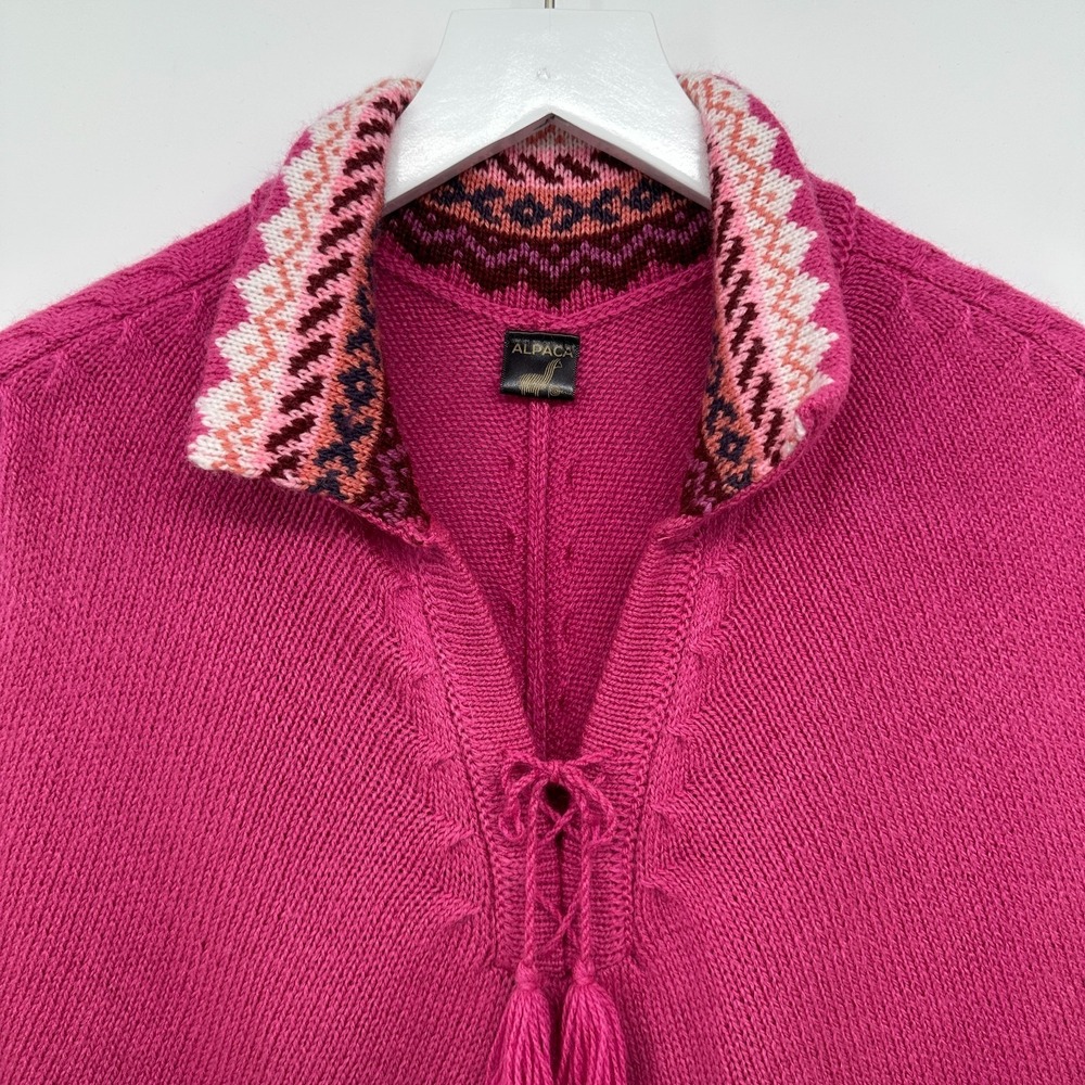 Alpaca Poncho Sweater Women One Size Fringe Made in Peru Nomadic Boho Artsy Pink - Picture 5 of 10